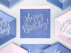 Μπλε Χαρτοπετσέτες με ιριδίζον Happy Birthday (20 τεμ) - Image 2
